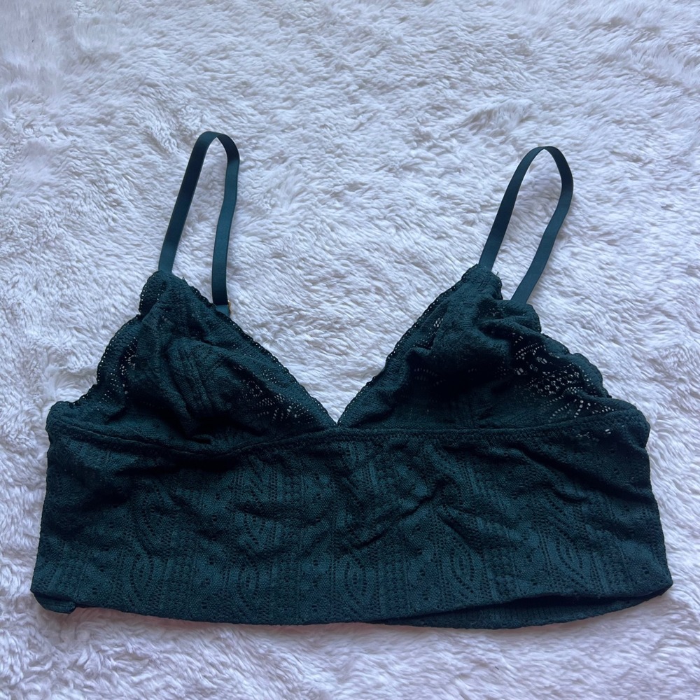 Aerie SIP Forest Green Lace Bralette Adjustable Straps Eyelet V-Neck L Small New